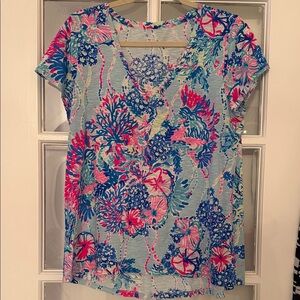 Lilly Pulitzer Blue and Pink Floral Short Sleeve Top